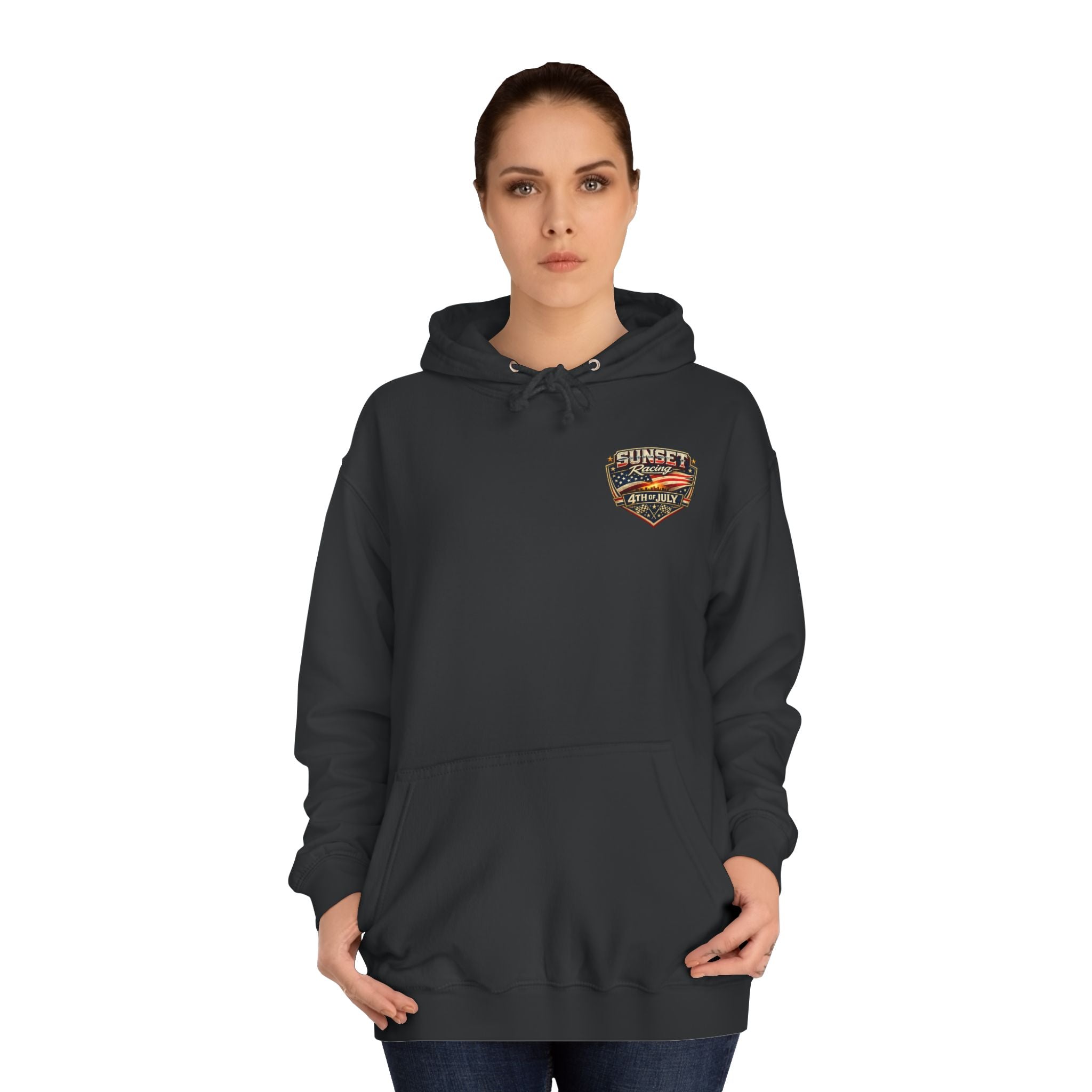4th of July Sunset Racing Hoodie — American Flag Vintage Racing Graphic