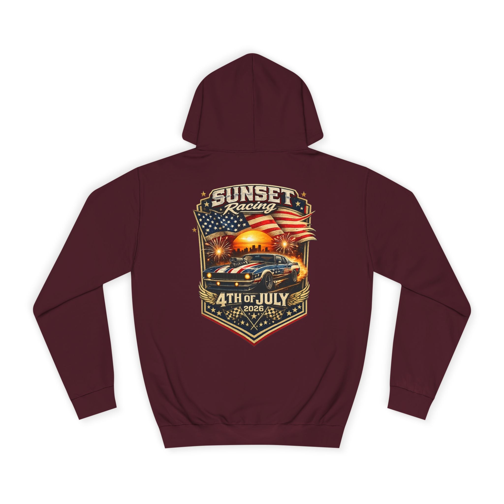 4th of July Sunset Racing Hoodie — American Flag Vintage Racing Graphic