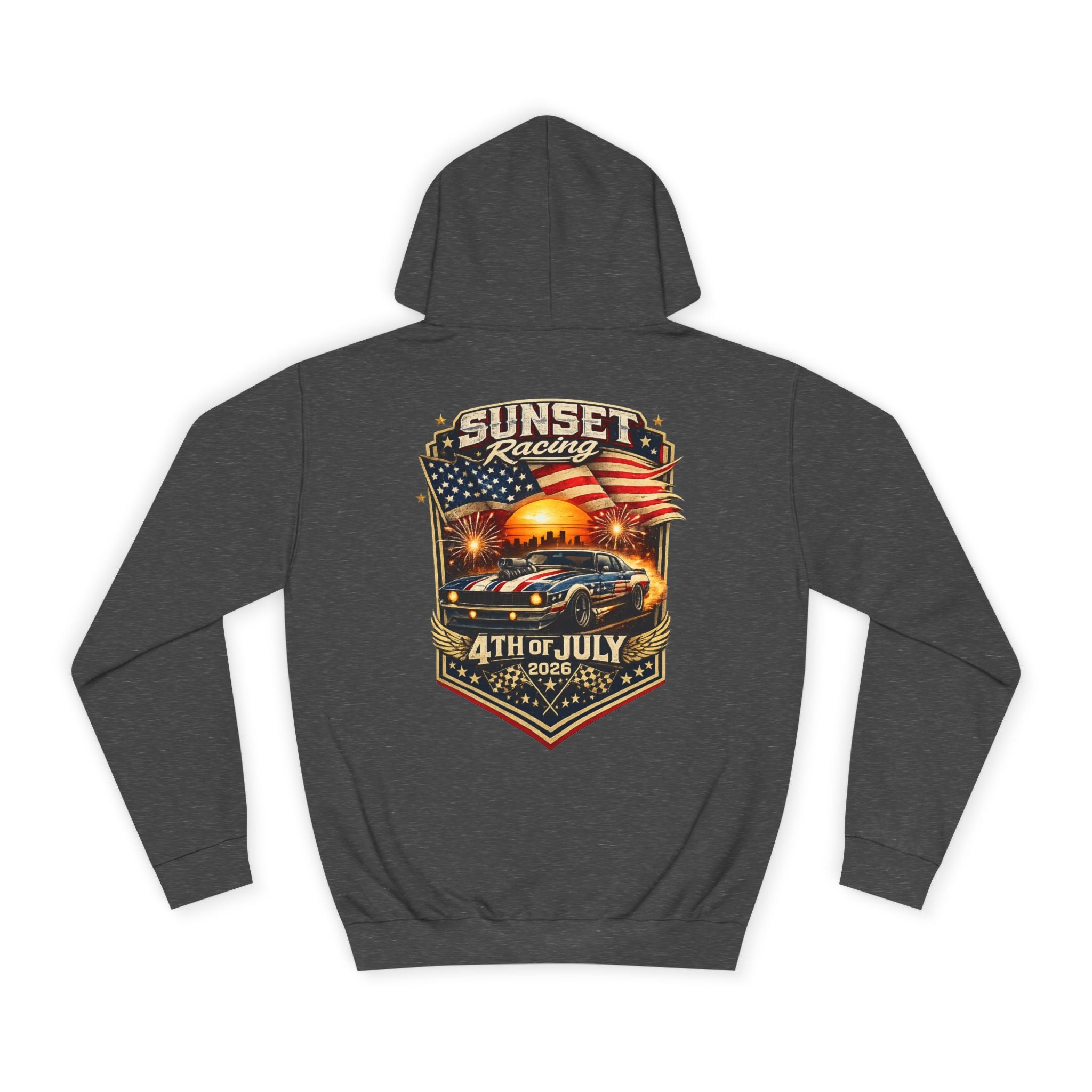 4th of July Sunset Racing Hoodie — American Flag Vintage Racing Graphic