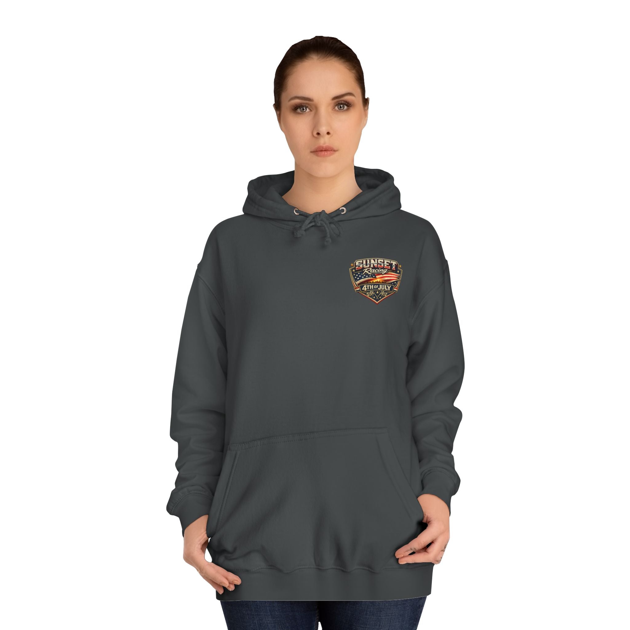 4th of July Sunset Racing Hoodie — American Flag Vintage Racing Graphic