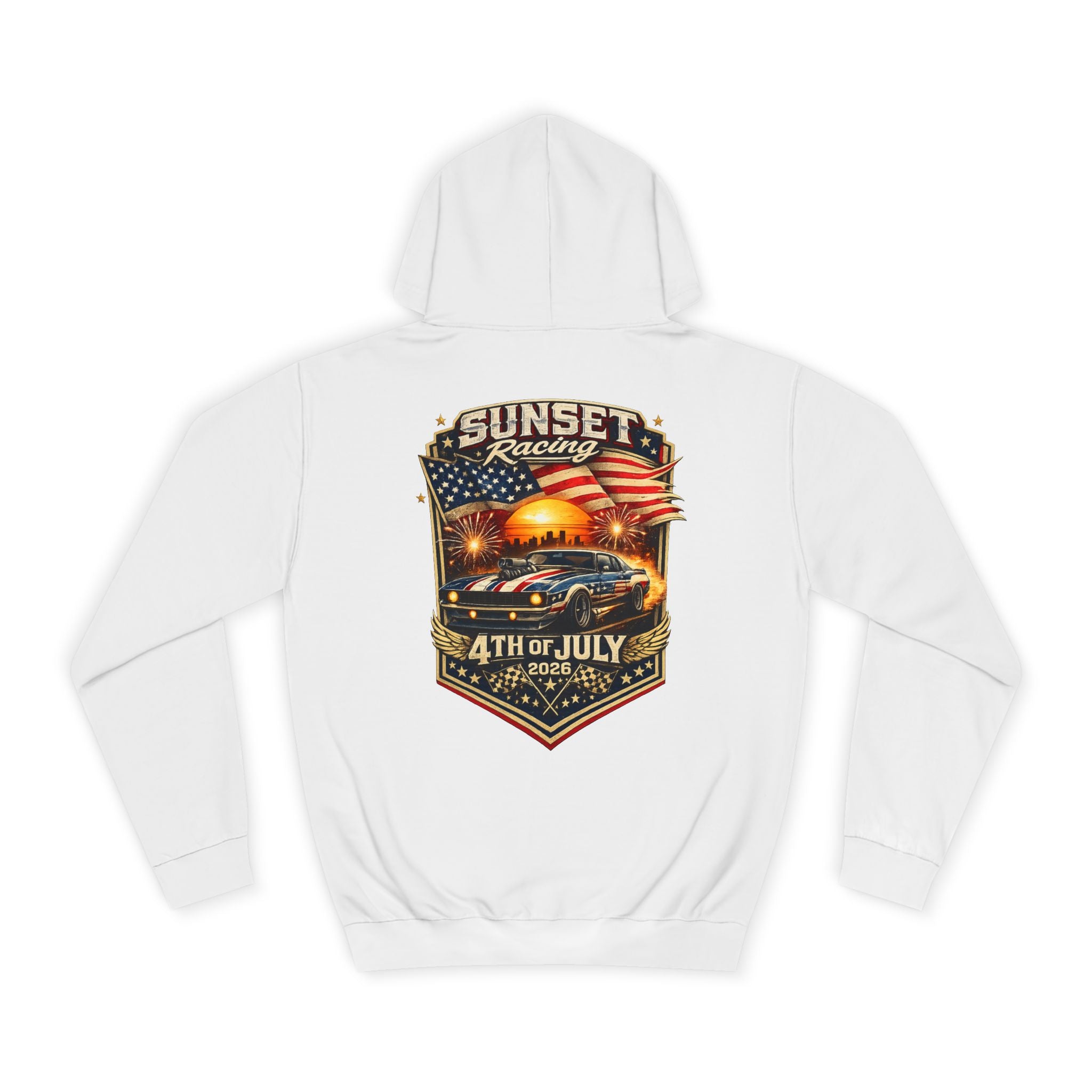 4th of July Sunset Racing Hoodie — American Flag Vintage Racing Graphic
