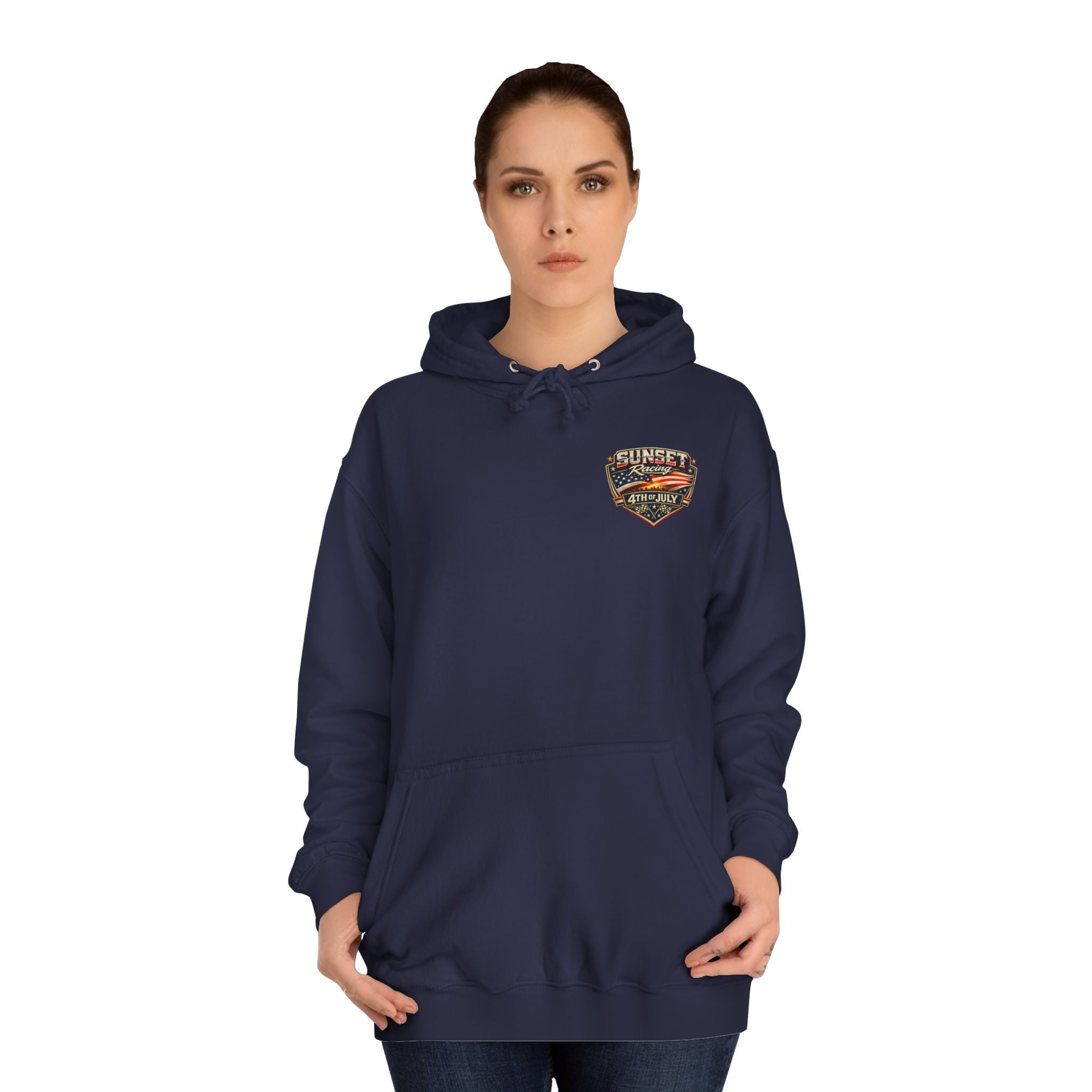 4th of July Sunset Racing Hoodie — American Flag Vintage Racing Graphic
