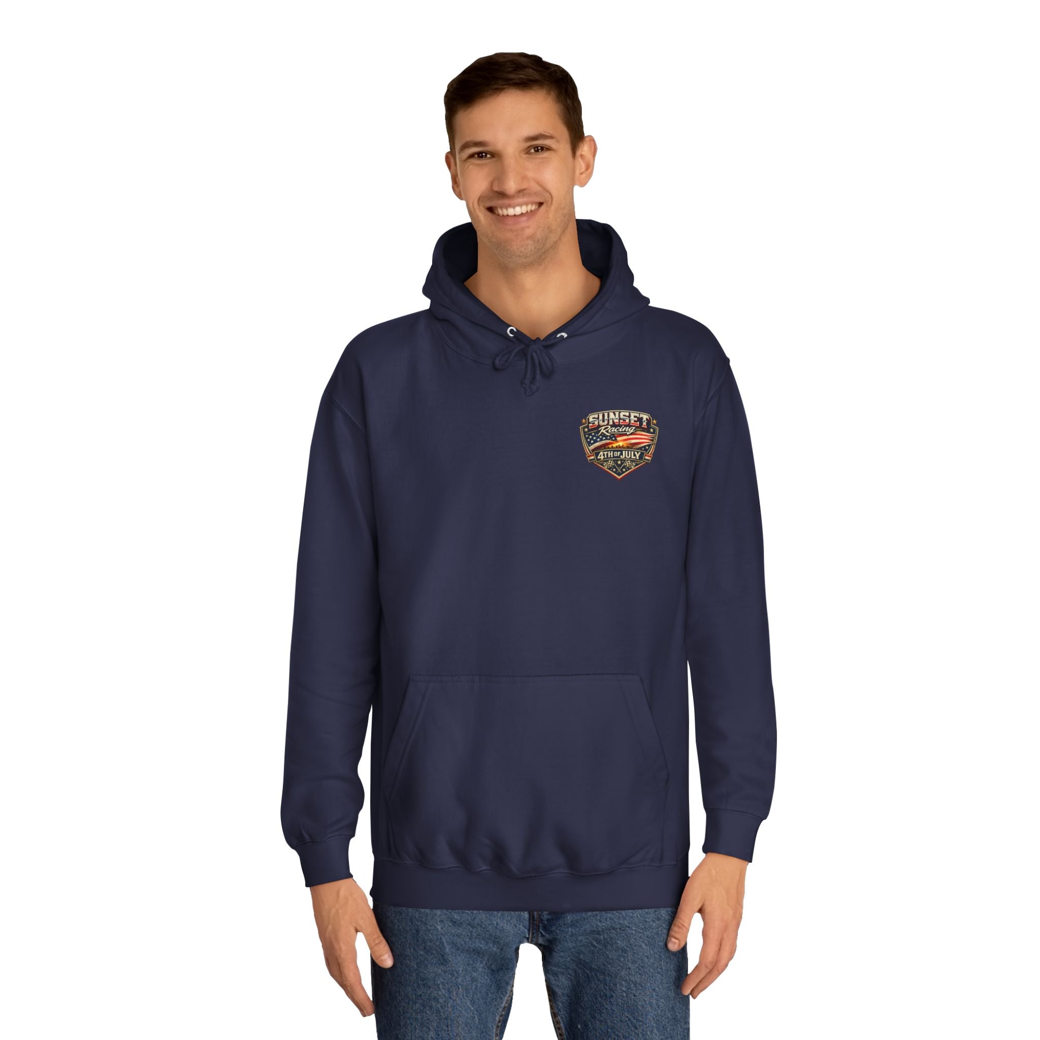 4th of July Sunset Racing Hoodie — American Flag Vintage Racing Graphic