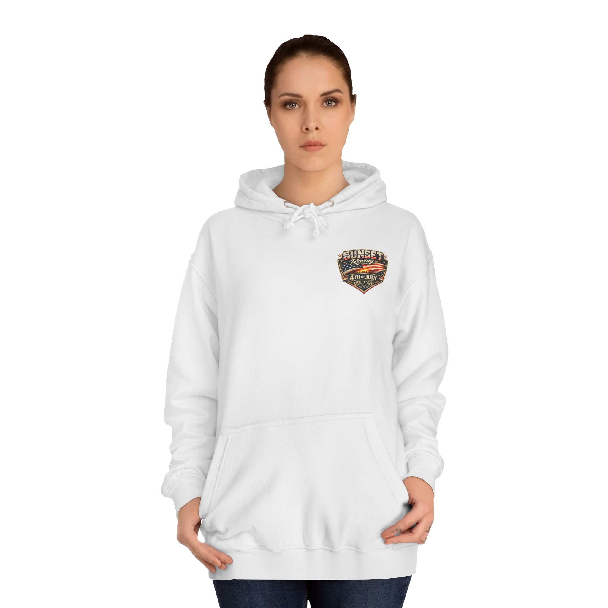 4th of July Sunset Racing Hoodie — American Flag Vintage Racing Graphic