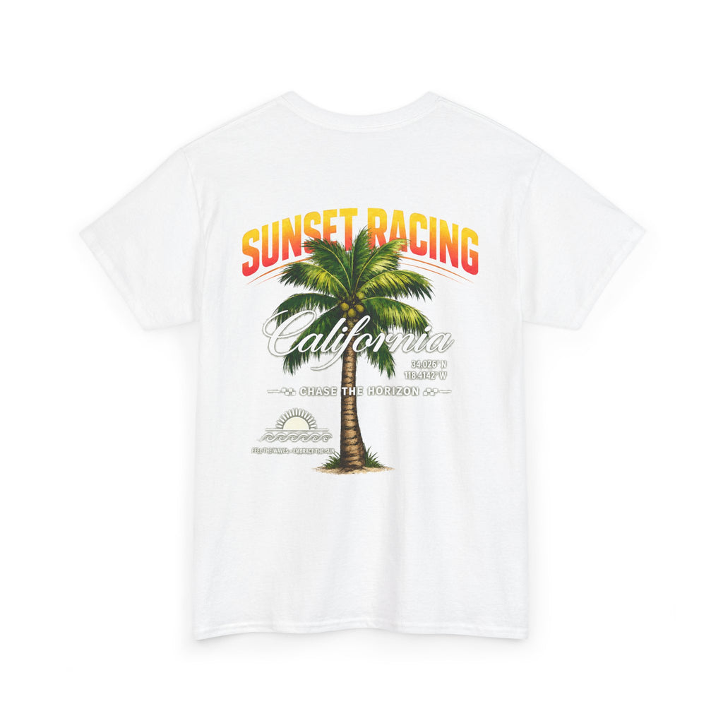 Sunset Racing California Tee — Palm Tree Beach Graphic T-Shirt