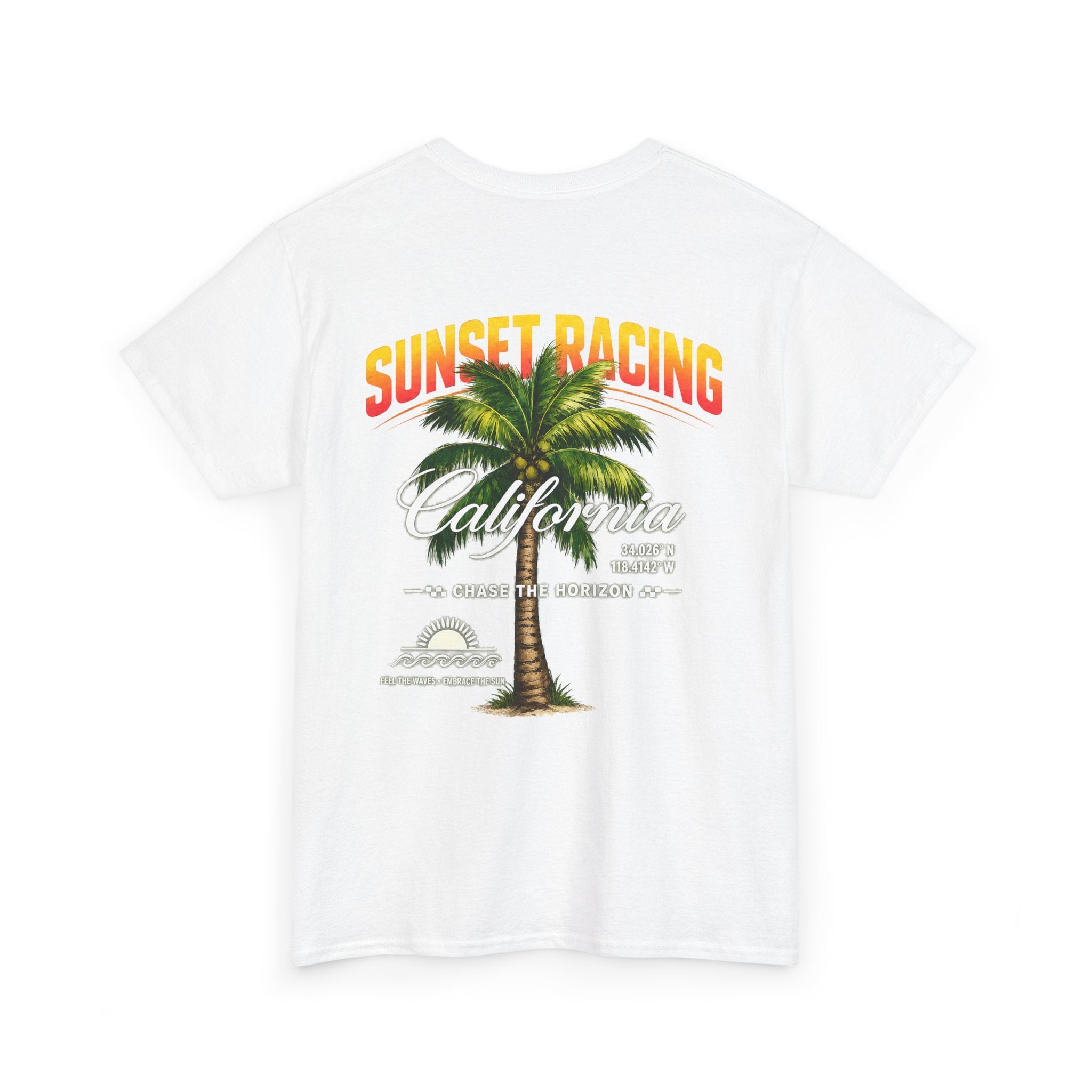 Sunset Racing California Tee — Palm Tree Beach Graphic T-Shirt