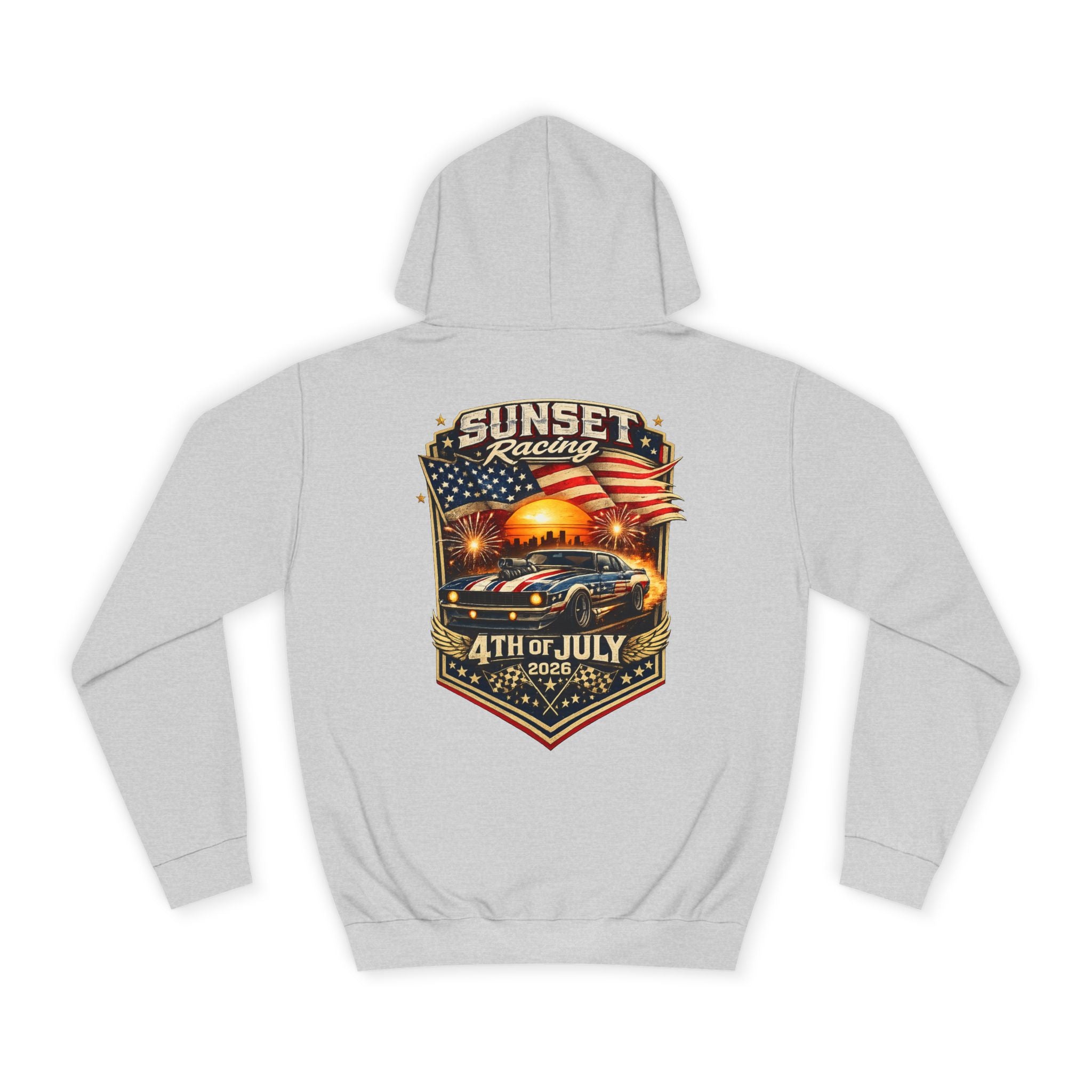 4th of July Sunset Racing Hoodie — American Flag Vintage Racing Graphic